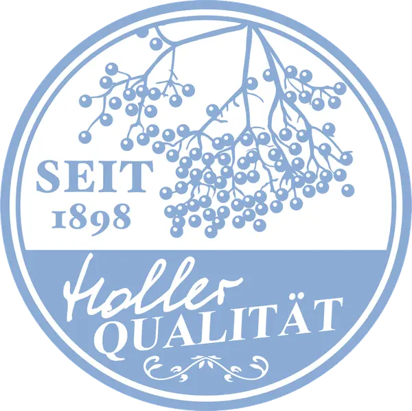 Hellblaues rundes Siegel mit Holunderzweig und den Schriftzügen „seit 1898“ und „Holler Qualität“
